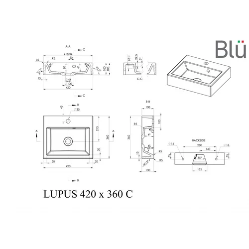 Praustuvas LUPUS 100, akmens masė, BLU - 42 x 42 cm image 2