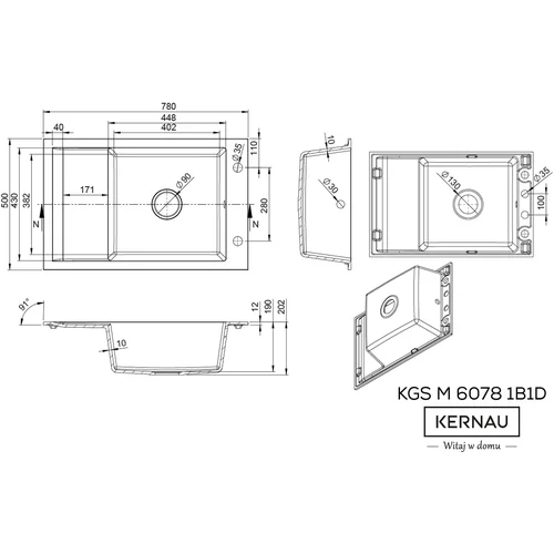 KERNAU KGSM 6078 1B1D granito plautuvė 780x500 mm Balta image 2