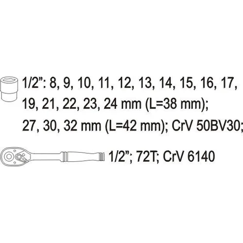 Yato YT-38681 1/2" CrV įrankių rinkinys 19 vnt. image 2