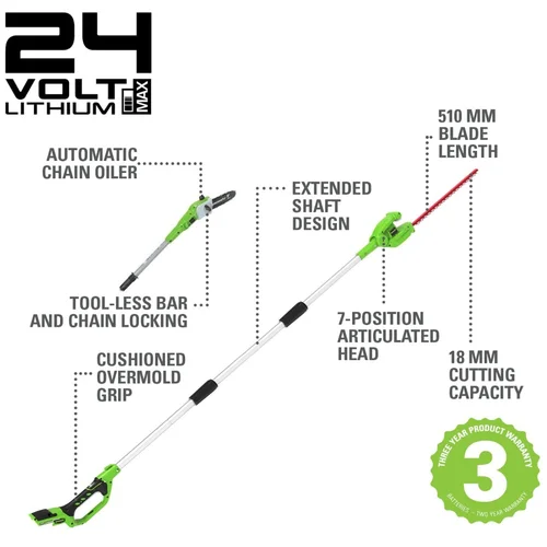 GreenWorks G24PSH 24V gyvatvorių genėtuvo ir aukštapjovės komplektas image 2