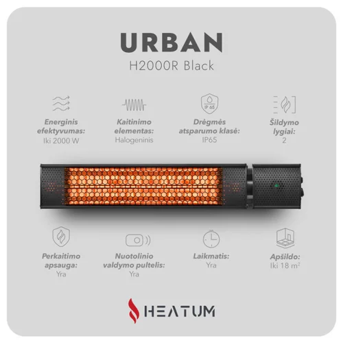 Pastatomas Heatum H2000R URBAN Juoda infraraudonųjų spindulių šildytuvas su stovu image 2
