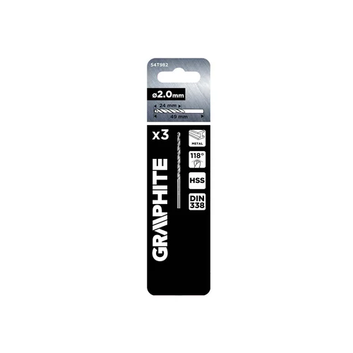 GRAPHITE HSS metalo grąžtai DIN 338, 2 mm, 3 vnt. image 2