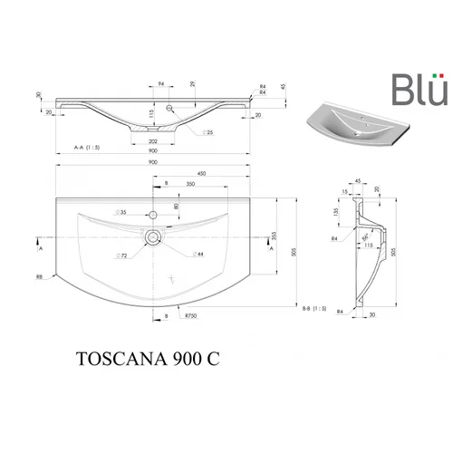 BLU TOSCANA Praustuvas akmens masė 90 x 50 cm, Dubuo centre image 2