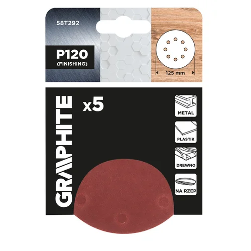 GRAPHITE „Velcro“ 125 mm P120 diskai (8 skylės, 5 vnt.) image 2