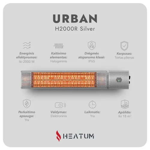 Pastatomas Infraraudonųjų spindulių šildytuvas Heatum H2000R URBAN SILVER su stovu image 3