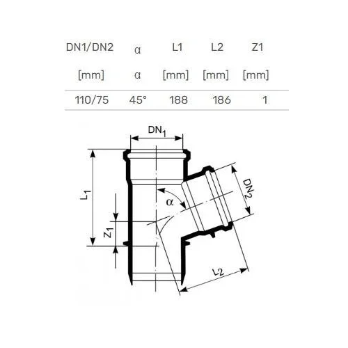 Magnaplast HTplus vidaus kanalizacijos trišakis, Ø110/75 mm, 45° image 2