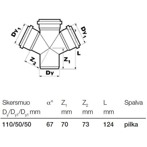 Wavin Optima vidaus kanalizacijos keturšakis Ø50/50/110 mm 67° image 2