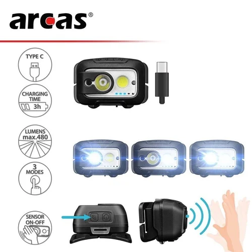 Arcas Galvos žibintuvėlis SENSOR, 480 lm, 9 W, USB-C įkrovamas image 3