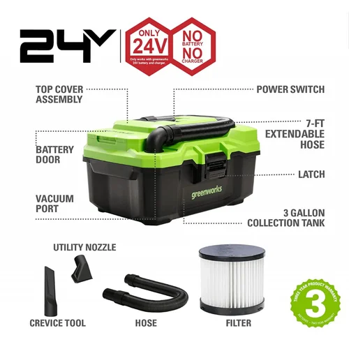 GreenWorks G24WDV 24V Akumuliatorinis dulkių siurblys sausam/šlapiam valymui image 2