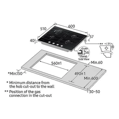Samsung NA64H3000AK/O1 įmontuojama dujinė kaitlentė image 3