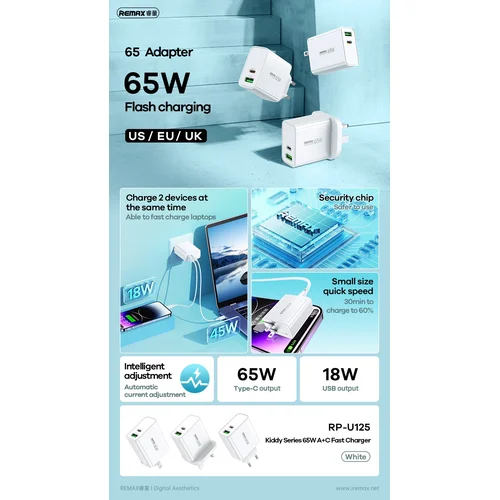 Remax RP-U125 65W GaN USB-C/USB-A baltas image 3