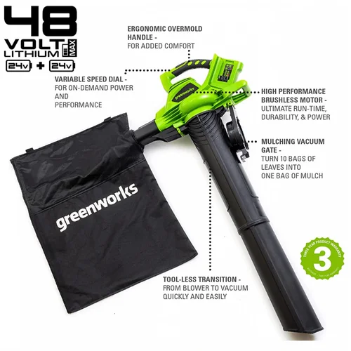 Greenworks GD24X2BVK4X 48V akumuliatorinis lapų pūstuvas-siurblys 2x4,0 Ah image 3