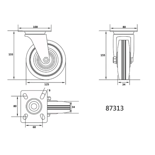 Vorel Ratukas vežimėliui, guminis, pasukamas, 125 mm, 100 kg image 2