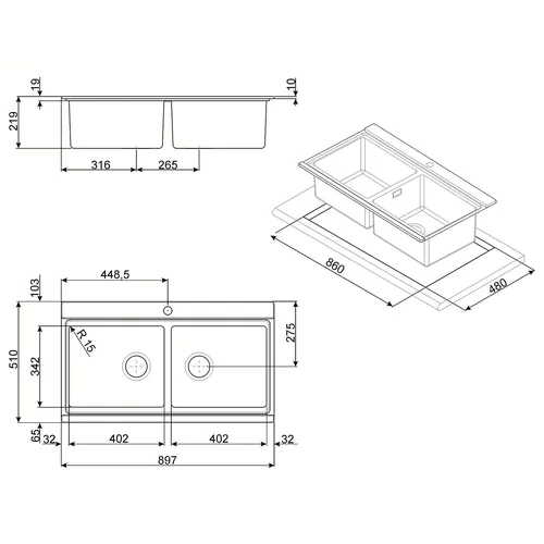 Dviguba nerūdijančio plieno virtuvės plautuvė Smeg LRX902 image 3