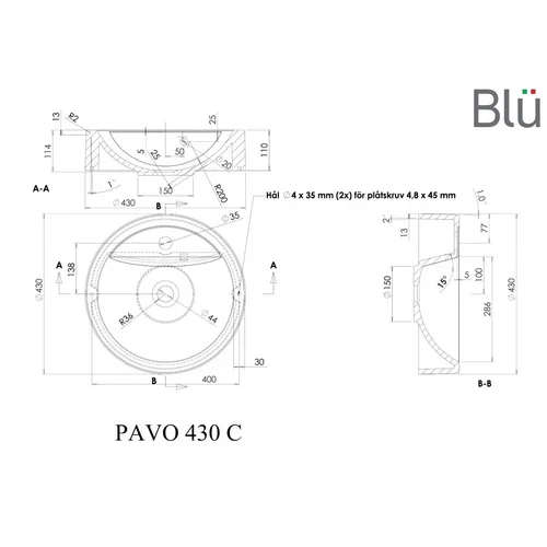 BLU PAVO ø43 Praustuvas, pastatomas, akmens masė image 2