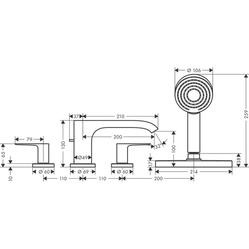 Hansgrohe Vivenis 75444670 4-dalių vonios krašto maišytuvas, Juoda matinė image 2