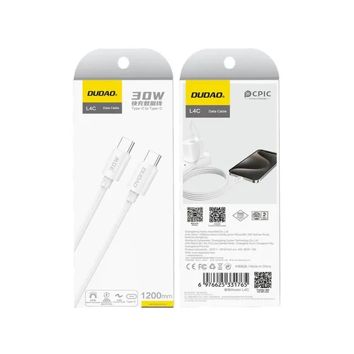 Dudao L4C USB-C į USB-C kabelis 30W 1,2 m Baltas image 2