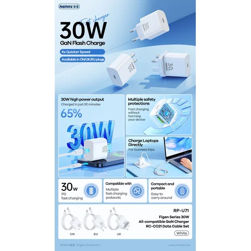Remax RP-U71 30W GaN USB-C įkroviklis Baltas image 3