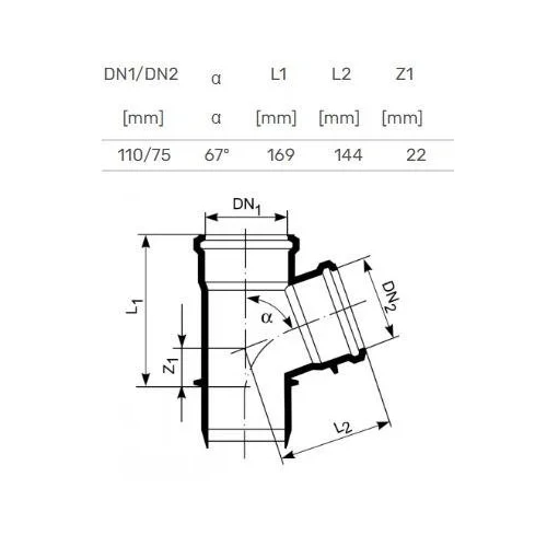 Magnaplast HTplus vidaus kanalizacijos trišakis Ø110/75 mm 67° image 2