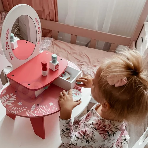 TOOKY TOY Rožinis medinis kosmetinis staliukas su veidrodžiu image 2