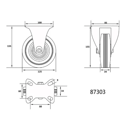 Vorel ratukas vežimėliui guminis juodas, d-125mm, 100kg image 2