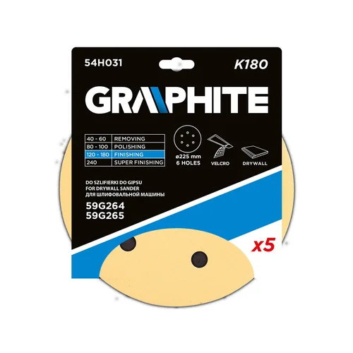 GRAPHITE Šlifavimo popierius su lipduku 225 mm K180, 5 vnt., 6 skylučių šlifuokliui 59G264/59G265 image 2