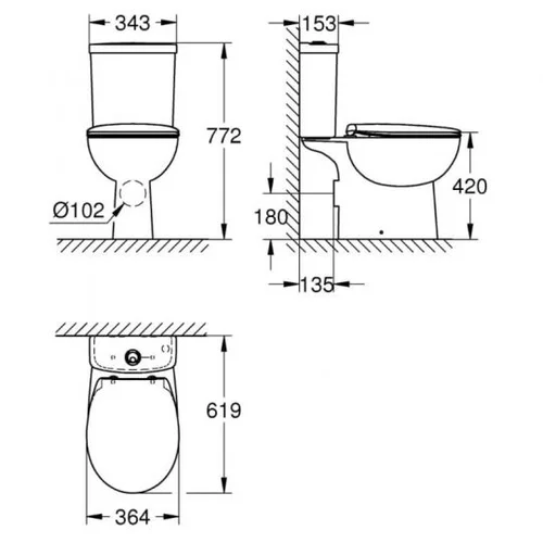 Grohe Bau Ceramic Rimless 39604000 Pastatomas klozetas pajungimas iš apačios image 2