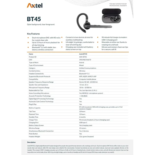 Axtel BT45 Belaidė laisvų rankų įranga image 2