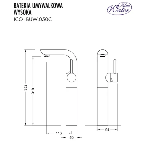 Blue Water ICO-BUW.050C Aukštas praustuvo maišytuvas Chromo image 2